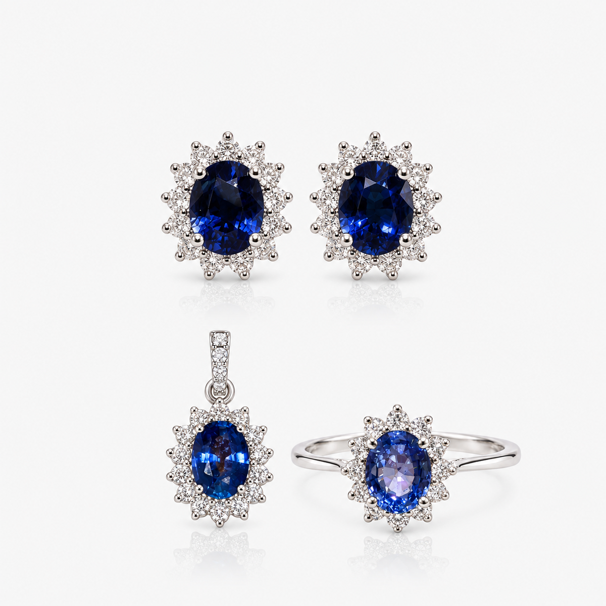 Set cercei, pandantiv și inel din aur 18K cu safire și diamante – Oval cu Contur Radiant
