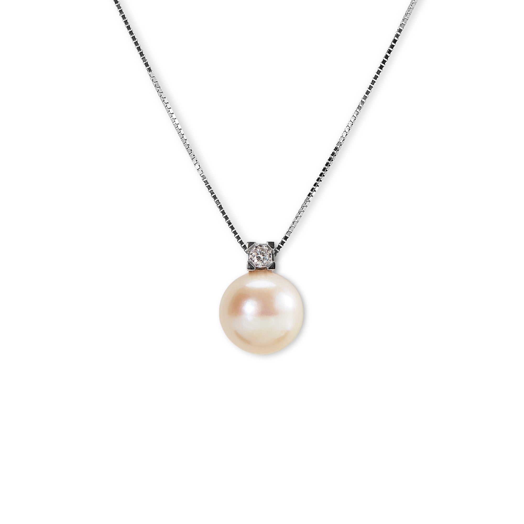 Colier aur alb cu perle apa dulce 9.5-10 mm si diamant 0.04 ct