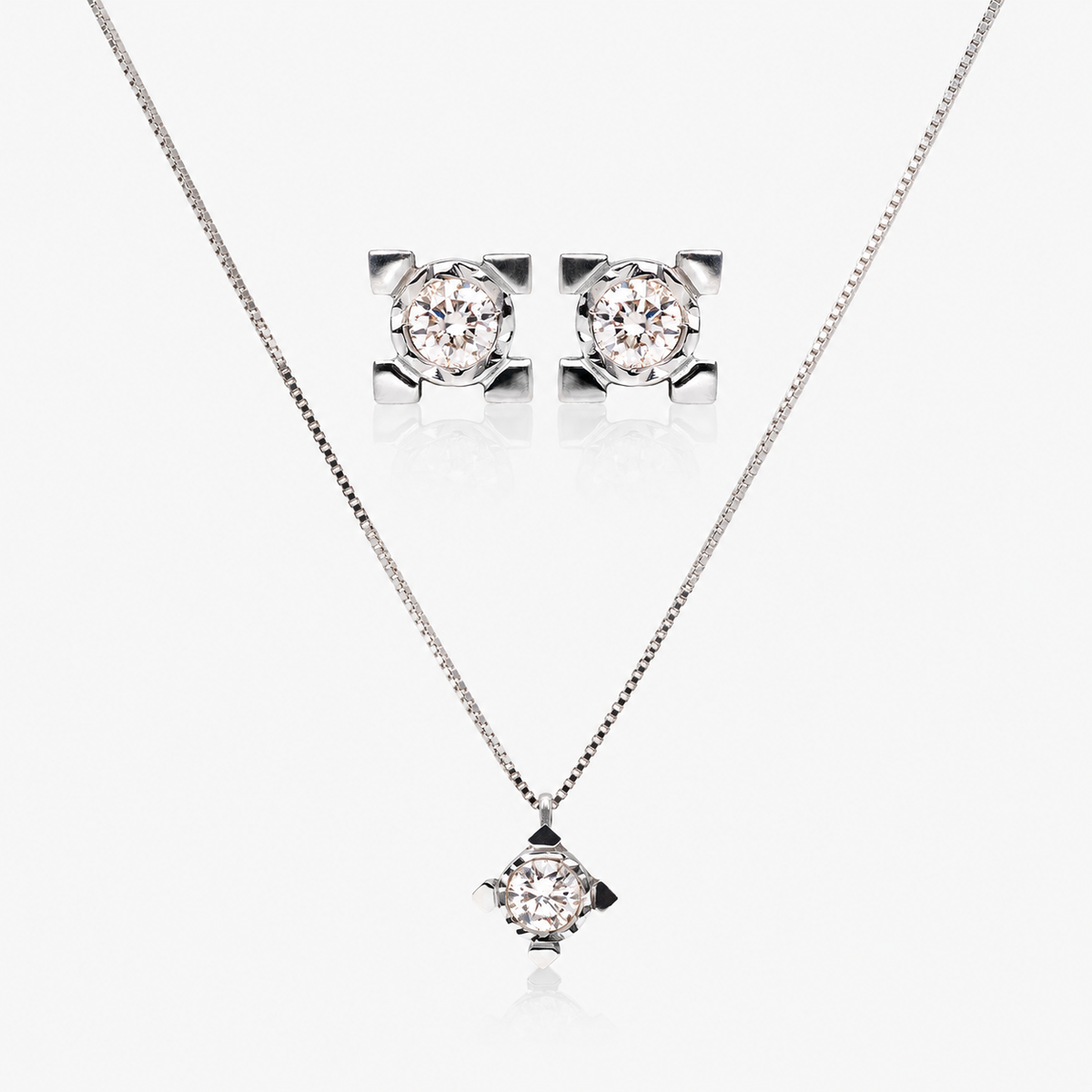 Set cercei și colier din aur alb 18K cu diamante – Spotlight Square