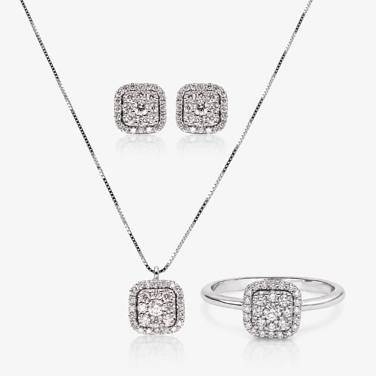 Set cercei, colier și inel din aur 18K cu diamante – Pătrat Pavé