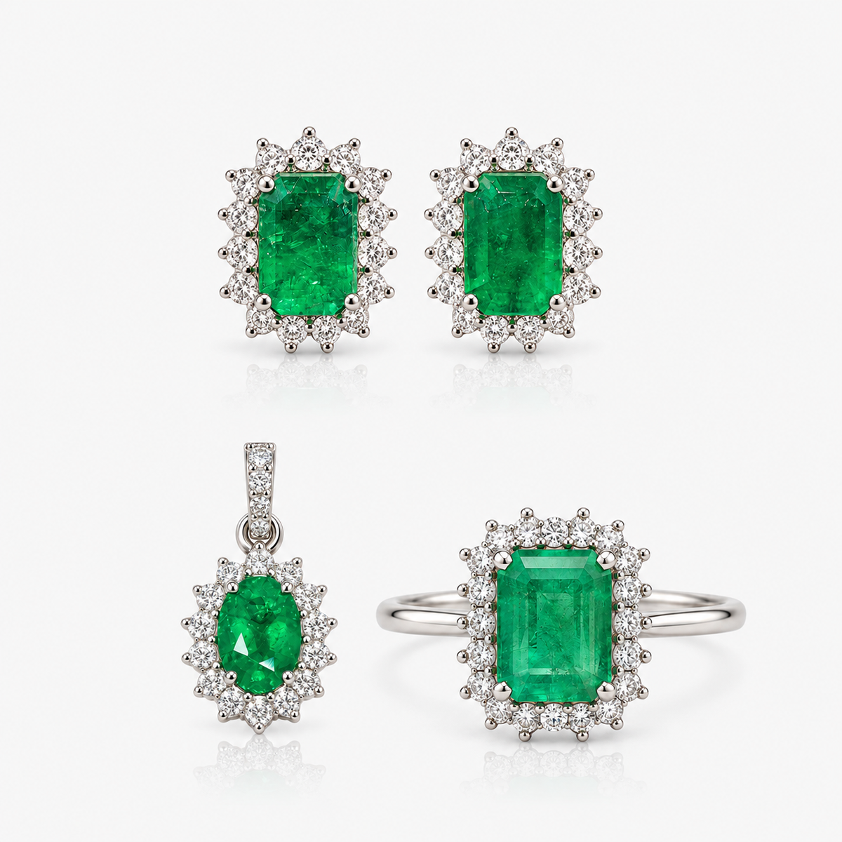 Set cercei, pandantiv și inel din aur 18K cu smaralde și diamante – Halo Dreptunghiular